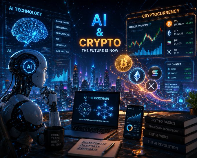 A futuristic graphic titled 'AI & CRYPTO - THE FUTURE IS NOW' featuring a robot, crypto coins (BTC, ETH, SOL, XRP), a market chart, and technology books.