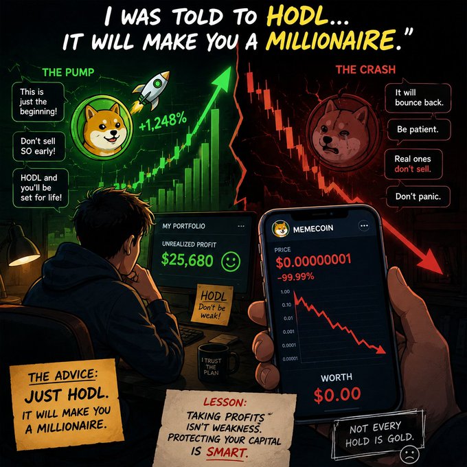 A satirical meme about cryptocurrency HODL culture titled 'I was told to HODL... it will make you a millionaire,' contrasting the pump (+1,248%) with the crash (-99.99%) of a memecoin, concluding with the lesson 'Taking profits isn't weakness, protecting your capital is smart.'