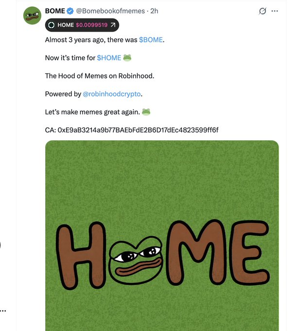 The image is a tweet from @Bomebookofmemes announcing a new meme token called $HOME, describing it as "The Hood of Memes on Robinhood" powered by @robinhoodcrypto, with a price of $0.0099519 and contract address CA: 0xE9aB3214a9b77BAEbFdE2B6D17dEc4823599ff6f, accompanied by a frog-themed "$HOME" logo—relating to the Vietnamese cautionary post warning about X accounts that create meme tokens based on trends to generate liquidity before dumping and deleting posts.