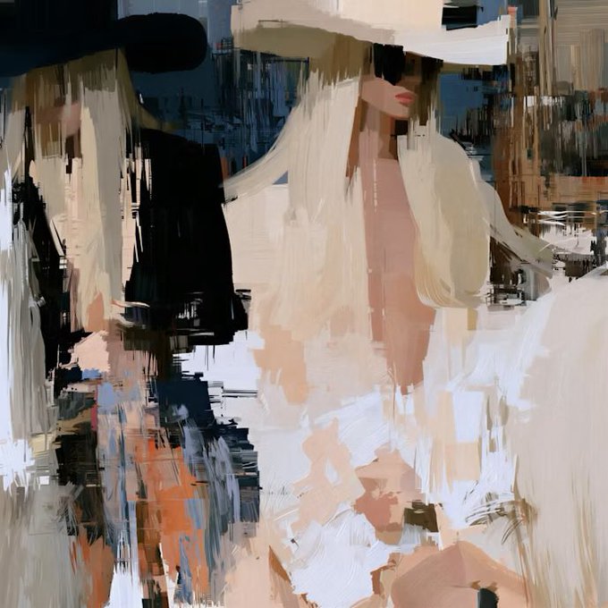 An abstract digital painting with fragmented brushstrokes suggesting a figure wearing a wide-brimmed hat and sunglasses, rendered in beige, white, and black tones.