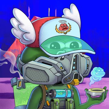 A cartoon illustration of a green character with white wings wearing a cap and a large gas mask, holding a small blue ghost-like figure and a cup of coffee.