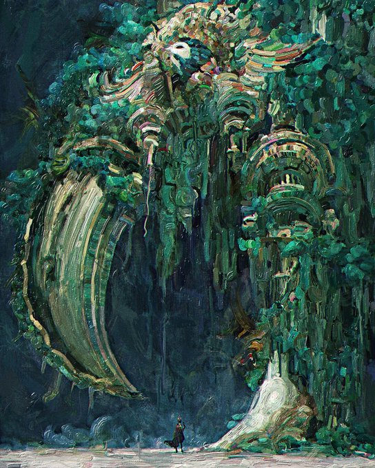 A lone cloaked figure stands before a towering, organic structure that blends lush greenery with curved, bone-like architecture, embodying the post's theme of strength and softness coexisting in one living form.