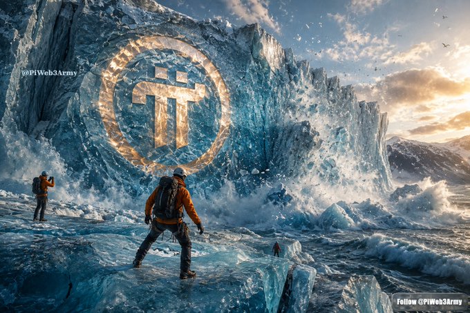 An AI-generated artwork shows two explorers standing before a massive frozen wave carved with a Pi Network logo.