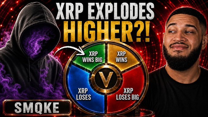 The image is a YouTube thumbnail featuring a hooded, smoke-shrouded figure labeled "SMQKE" on the left and a bearded man on the right, with bold text asking "XRP EXPLODES HIGHER?!" above a "Crypto Verdict" spinner divided into segments (XRP WINS BIG, XRP WINS, XRP LOSES, XRP LOSES BIG). It promotes a live panel debate with Crux of Crypto, using the spinner as a visual gimmick to spark discussion about XRP's price outlook.