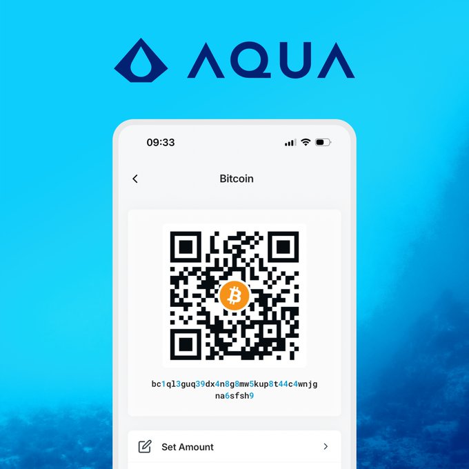 A promotional image for the AQUA wallet app showing a phone screen with a Bitcoin QR code receiving address beginning with 'bc1ql3guq39dx4n8g8mw5kup8t44c4wnjgnas6sfsh9' on a blue background.