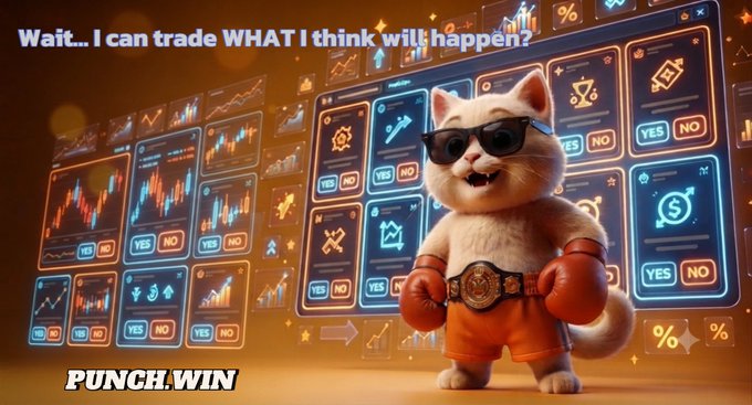 Marketing image for 'PUNCH.WIN' showing a cartoon white cat wearing sunglasses, orange boxing shorts, and red boxing gloves, standing in front of trading chart panels with the text 'Wait... I can trade WHAT I think will happen?'