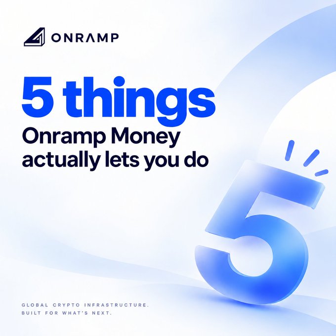 Onramp marketing graphic titled "5 things Onramp Money actually lets you do" with a large blue 3D number 5 and the tagline "Global crypto infrastructure, built for what's next."