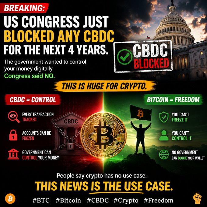 A sensationalized infographic declares "BREAKING: US CONGRESS JUST BLOCKED ANY CBDC FOR THE NEXT 4 YEARS" alongside a "CBDC BLOCKED" stamp and the U.S. Capitol, framing the move as a major crypto win with the slogan "THIS NEWS IS THE USE CASE." It contrasts "CBDC = CONTROL" (tracked transactions, frozen accounts, government control) with "BITCOIN = FREEDOM" (can't freeze it, can't control it, no government wallet blocks), centered on a Bitcoin emblem and a figure waving a Bitcoin flag, tagged #BTC #Bitcoin #CBDC #Crypto #Freedom.