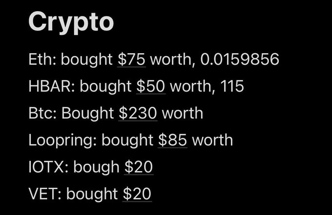 The image displays a list titled "Crypto" detailing initial purchases made four years ago, including ETH ($75 worth, 0.0159856), HBAR ($50 worth, 115), BTC ($230 worth), Loopring ($85 worth), IOTX ($20), and VET ($20). The post connects to the image by referencing this original $500 crypto investment as a starting point, with the author now planning to DCA into Bitcoin to accumulate a few whole coins.