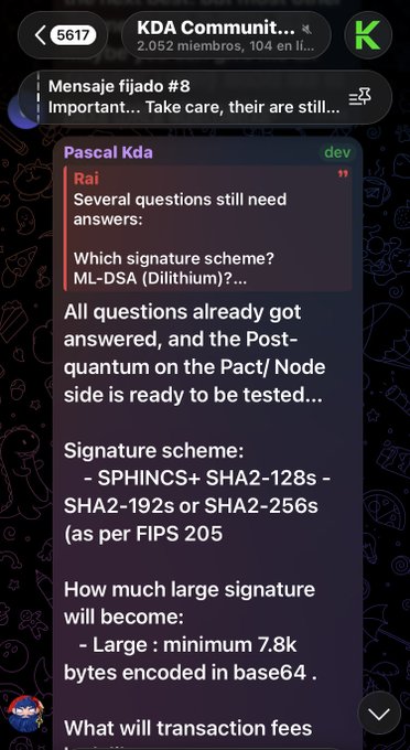 A Telegram screenshot from the 'KDA Communit...' group showing messages from Pascal Kda about post-quantum cryptography questions, discussing signature schemes like ML-DSA (Dilithium) and SPHINCS+.