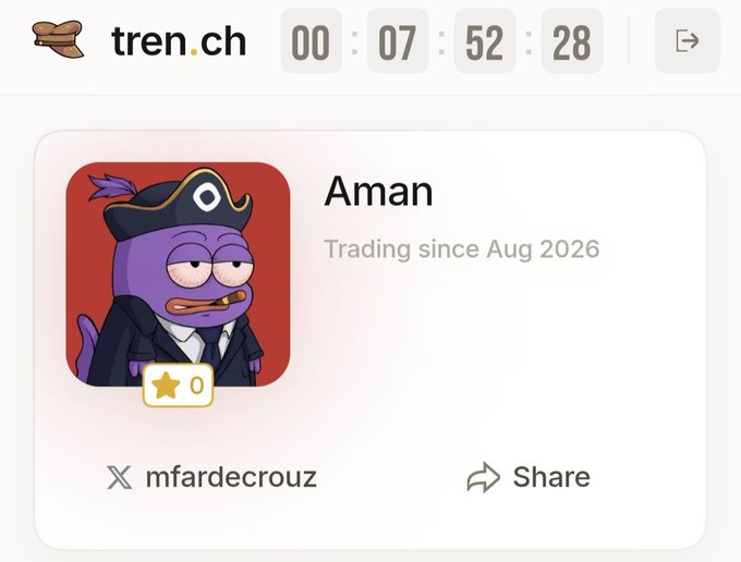 A profile page for 'Aman' on tren.ch, showing a trading timer at 00:07:52:28, a purple cartoon character avatar with a tricorn hat, the username 'mfardecrouz', and a 'Share' option.
