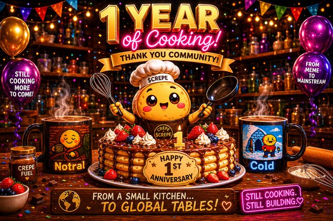 The image features a birthday cake for one year of cooking with a cartoon character, specifically a pancake named Scrape, who has been a part of the cooking community since its creation. The cake is placed on a table surrounded by various kitchen utensils and decorations such as spoons, cups, and balloons. The post also mentions that the "Happy 1st Anniversary to the $CREPE family!" and talks about how the "1 year of cooking" has grown into an unforgettable journey for the community.
