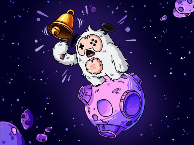 llor, a white furry creature with black eyes and a pink nose, holds a golden bell on a purple planet amidst stars and planets.