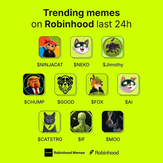 A green graphic titled "Trending memes on Robinhood last 24h" displaying various meme coin tickers including $NINJACAT, $NEKO, $Jimothy, $CHUMP, $GOOD, $FOX, $AI, $CATSTRO, $IF, and $MOO.