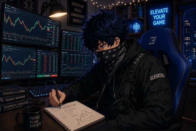 Anime-style digital artwork of a dark-haired character wearing a face mask and 'ELEVATED' jacket, writing in a notebook at a desk with multiple trading chart monitors and motivational signs like 'DISCIPLINE FOCUS CONSISTENCY SUCCESS' and 'ELEVATE YOUR GAME' visible.