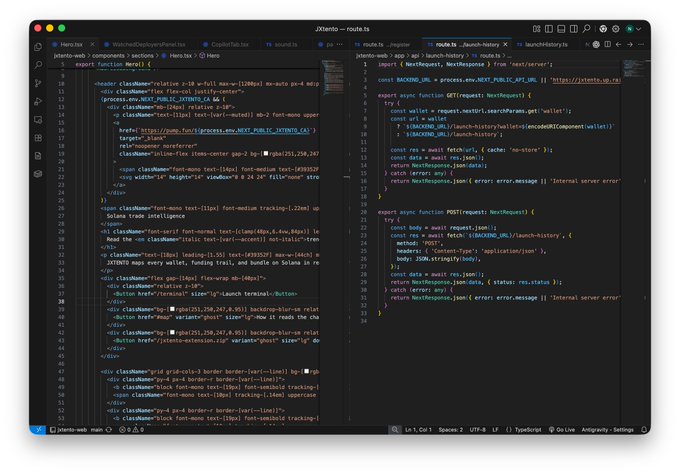 Screenshot of a code editor (VS Code) displaying two files: 'Hero.tsx' with a React component containing long className strings, and 'route.ts' with Next.js API route handlers for GET and POST requests.