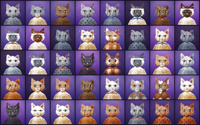 A grid of pixelated cat portraits in various colors (gray, orange, white, black) on purple backgrounds, appearing to be an NFT collection.