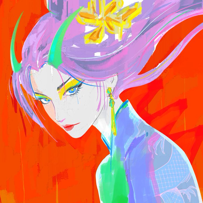 A vibrant digital illustration of a stylized woman with flowing purple hair adorned with a yellow flower, set against a bold red background, evoking the artistic NFT "blumea" featured on @xrpcafe.
