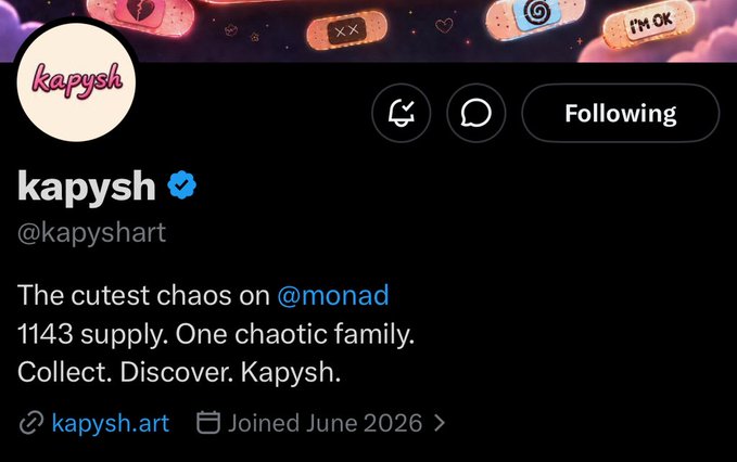 The image shows a social media post from a user named @kapysh, who has posted about a chaotic situation involving their family. The post includes text that reads "The cutest chaos on @monad 1143 supply, One chaotic family. Collect. Discover. @kapysh joined June 2026". This post is related to the account #kapysh and appears to be a conversation or discussion about the chaotic situation involving their family.