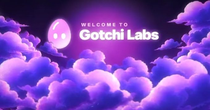 A purple and pink graphic with fluffy clouds displaying the text 'WELCOME TO Gotchi Labs' next to a smiling ghost-like mascot.