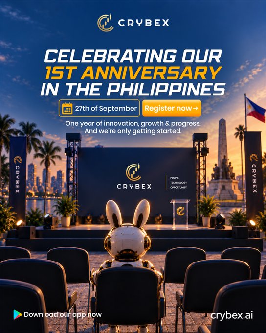 A promotional poster for CRYBEX celebrating its '1st Anniversary in the Philippines' on '27th of September', featuring a stage setup, a rabbit-headed robot in the audience, and the website 'crybex.ai'.