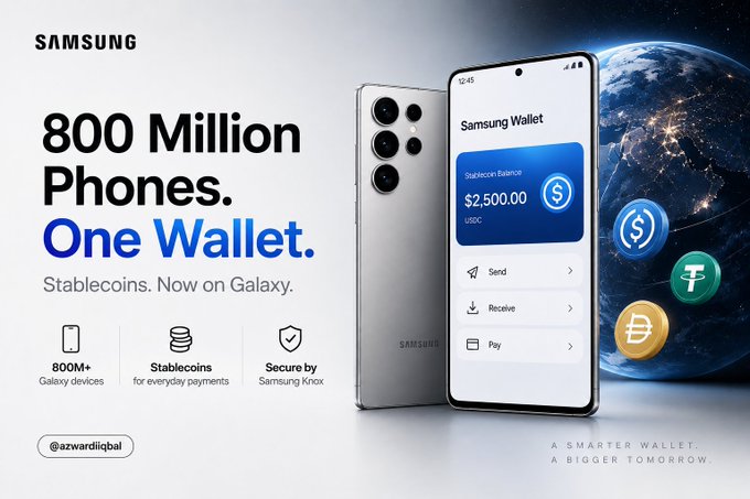 Samsung promotional graphic reading '800 Million Phones. One Wallet. Stablecoins. Now on Galaxy' showing a Galaxy device displaying the Samsung Wallet with a $2,500.00 USDC stablecoin balance, alongside icons for stablecoins, secure by Samsung Knox, and crypto symbols.