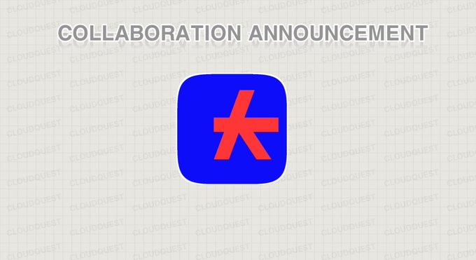 A collaboration announcement graphic featuring a blue rounded square app icon with a red stylized star/asterisk symbol in the center, with 'COLLABORATION ANNOUNCEMENT' displayed in bold gray text at the top against a white background with 'CLOUDQUEST' watermarks.