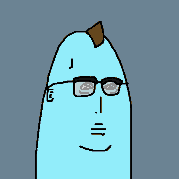 A simple cartoon illustration of a light blue blob-like character wearing glasses with a small brown tuft of hair on top, against a solid blue background.