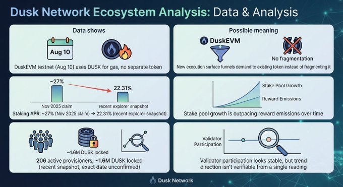 The image is a slide titled "Dusk Network Ecosystem Analysis: Data & Analysis," breaking down four data points and their interpretations—highlighting that the DuskEVM testnet (live as of Aug 10) uses DUSK for gas with no separate token, staking APR has declined from ~27% (Nov 2025 claim) to 22.31%, ~1.6M DUSK is locked across 206 active provisioners, and stake pool growth is outpacing reward emissions despite stable validator participation.