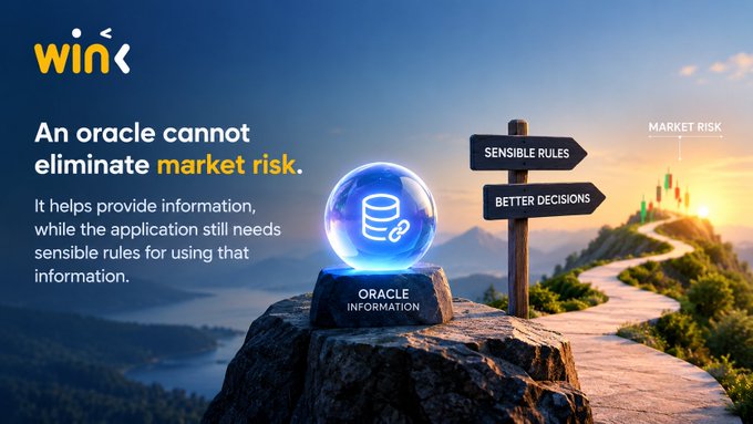 A marketing graphic for 'Wink' stating 'An oracle cannot eliminate market risk,' featuring a crystal ball labeled 'ORACLE INFORMATION' next to signposts for 'SENSIBLE RULES' and 'BETTER DECISIONS' with a 'MARKET RISK' indicator.