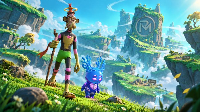 A stylized 3D digital artwork showing a tall character with a top hat and walking stick alongside a small blue crystalline creature with glowing purple eyes, set against a fantasy landscape of floating green islands with an 'M' logo watermark.