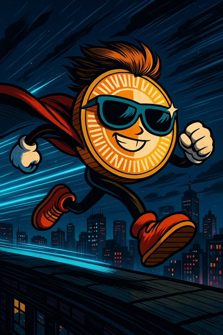 An animated illustration of an anthropomorphic gold coin character wearing sunglasses and a red cape, flying or running through the air with a determined smile. The character is set against a dark blue night sky with a stylized cityscape featuring lit windows below.