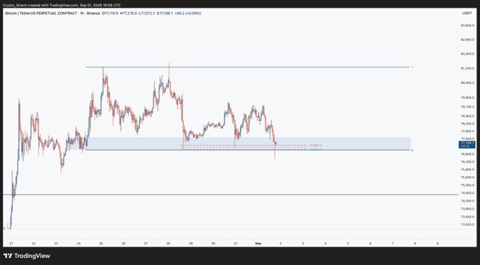 A TradingView 1-hour chart of the BTC/USDT perpetual contract on Binance shows price consolidating between $77,000-$77,300 demand support and resistance near $81,300, illustrating the author's point about persistent buying interest at the $77k level despite recent bearish sentiment.
