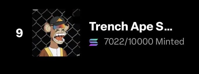 A cryptocurrency NFT collection screenshot titled 'Trench Ape S...' showing a bored ape illustration and indicating that 7022 out of 10000 have been minted.