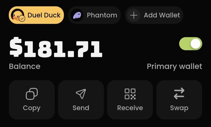 Cryptocurrency wallet app screen showing a 'Duel Duck' wallet with a balance of $181.71, marked as primary, alongside Phantom wallet and options for Copy, Send, Receive, and Swap.
