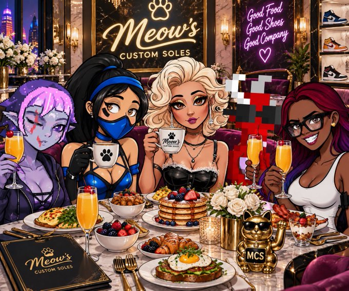 An illustrated promotional image for 'Meow's Custom Soles' showing four female characters at a dining table with food and drinks.