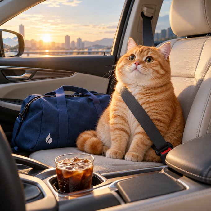 A photorealistic orange tabby cat sits in a car's passenger seat wearing a seatbelt, with a blue duffel bag and a glass of cola in the cup holder, against a sunset cityscape.