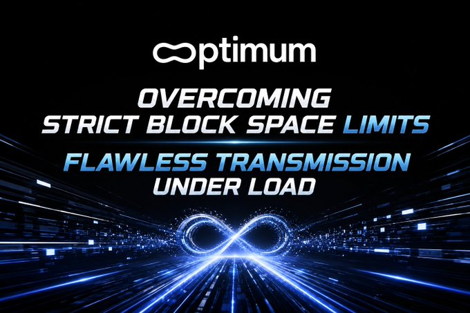 A promotional graphic for 'optimum' with the text 'OVERCOMING STRICT BLOCK SPACE LIMITS' and 'FLAWLESS TRANSMISSION UNDER LOAD' set against a dark, futuristic digital background with an infinity symbol.