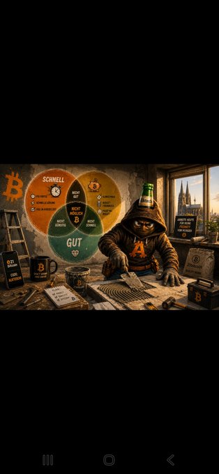An AI-generated illustration shows a hooded figure wearing a Bitcoin '₿' mask working at a cluttered desk with a Venn diagram labeled 'SCHNELL,' 'NICHT BILLIG,' 'NICHT ABGEBEN,' and 'GUT' displayed on the wall behind.