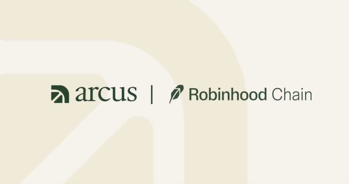 The image displays the "arcus | Robinhood Chain" branding/logo, featuring both company names alongside their respective icons on a cream background with a subtle feather design. This graphic represents the partnership between Arcus and Robinhood Chain, which the post announces is now officially live for spot trading of tokenized U.S. stocks.
