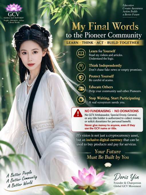 An informational poster titled 'My Final Words to the Pioneer Community' by Doris Yin of Global GCV Movement, featuring a woman in traditional white clothing and warnings about 'NO FUNDRAISING · NO DONATIONS' for GCV ambassadors.