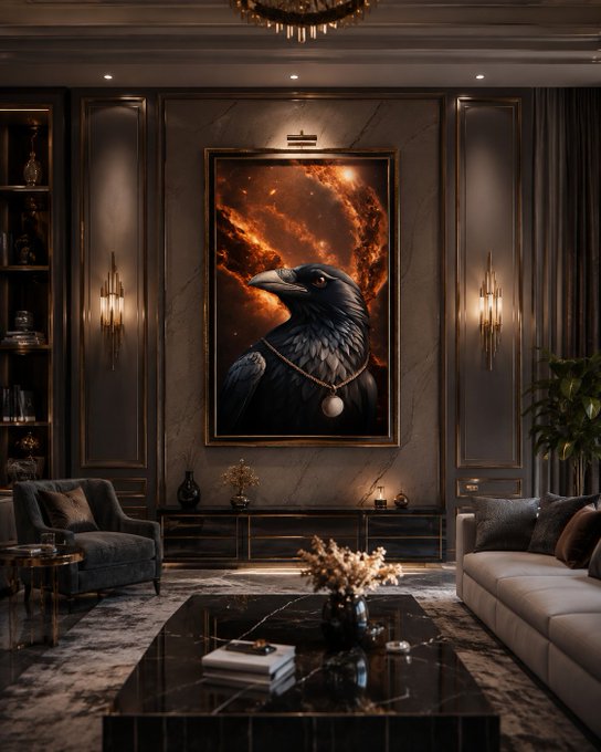 A luxurious dark-toned living room features a striking framed portrait of a regal raven adorned with a pearl pendant, set against a dramatic backdrop of fiery orange light. The artwork, titled "Ebonheart's Eternal Whisper," is presented as a unique 1/1 NFT piece, embodying the post's theme of quiet, understated rarity that doesn't need to compete for attention.