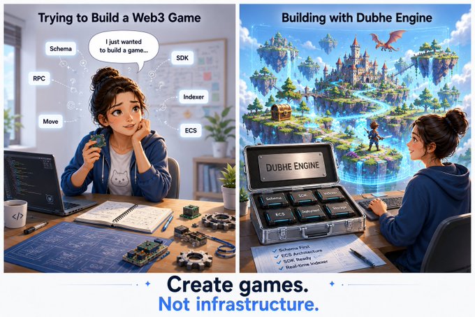 A side-by-side comparison illustration showing the contrast between struggling with Web3 game development complexity (left, labeled "Trying to Build a Web3 Game" with scattered technical terms like "Schema," "SDK," "RPC," "Indexer," "Move," and "ECS") versus the streamlined experience using Dubhe Engine (right, labeled "Building with Dubhe Engine"), featuring the tagline "Create games. Not infrastructure." The image visually reinforces the post's message about how good developer tools like Dubhe Engine on Sui Network eliminate infrastructure headaches, letting creators focus on building rather than wrestling with technical details.