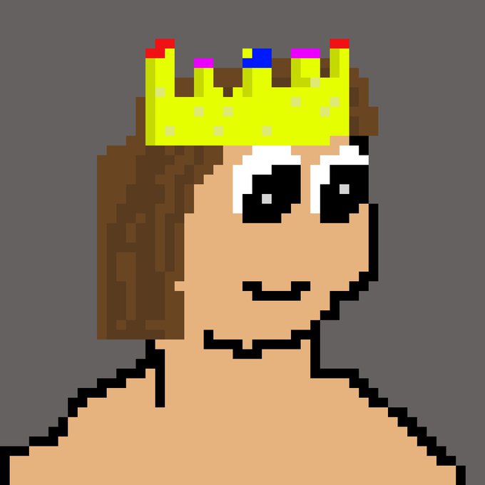 Pixel art portrait of a smiling character with large expressive eyes, brown hair, and a yellow crown on a gray background.