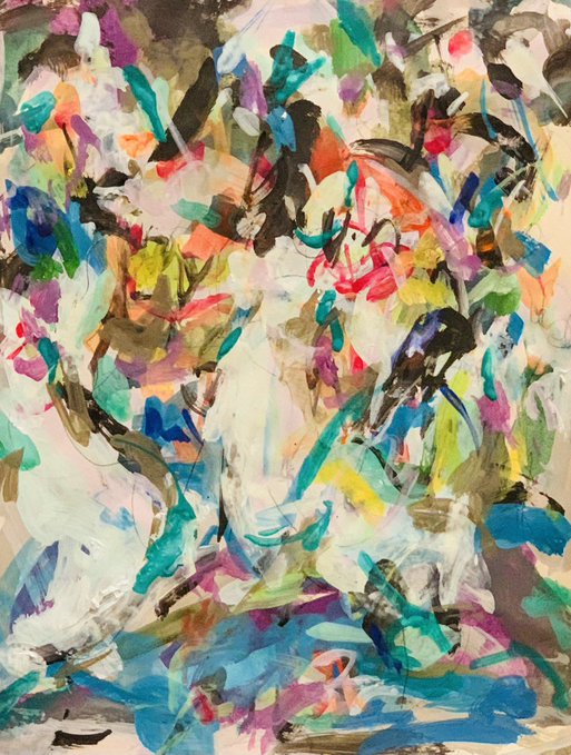 An abstract expressionist painting with chaotic brushstrokes in multiple colors including blues, greens, pinks, blacks, and whites on a light background.