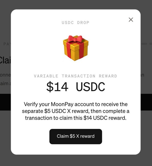 A modal popup titled "USDC DROP" displays a $14 USDC variable transaction reward, instructing the user to verify their MoonPay account for a $5 USDC X reward and complete a transaction to claim it. The image relates to the post by showing the actual MoonPay reward claim interface the user is celebrating.