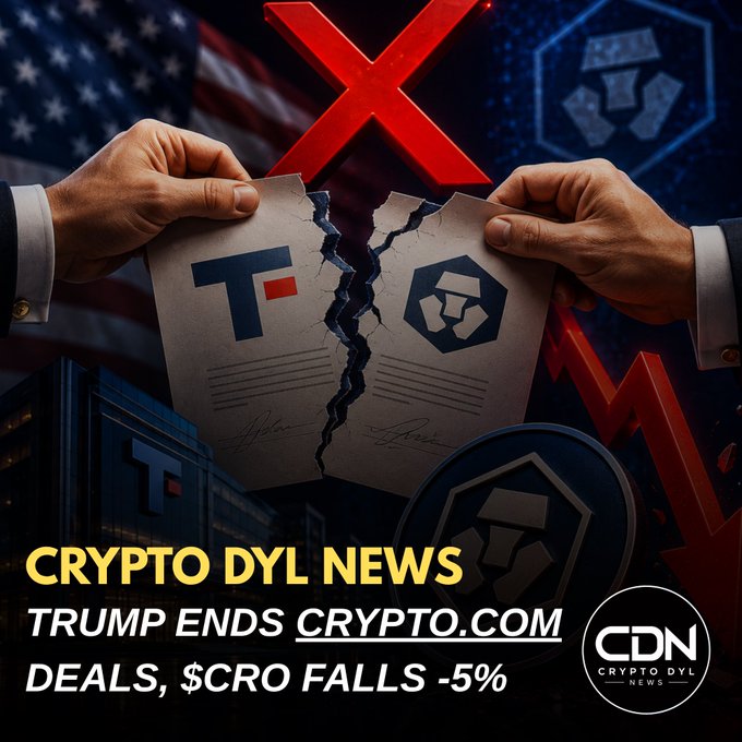 A graphic showing two hands tearing apart a document bearing the Trump "T" logo and Crypto.com's logo, symbolizing the end of their business partnership, with overlaid headlines reading "CRYPTO DYL NEWS" and "TRUMP ENDS CRYPTO.COM DEALS, $CRO FALLS -5%." The shredded paper, red "X" mark, and downward red arrow visually reinforce the announcement of the terminated deals and CRO's 5% price decline.