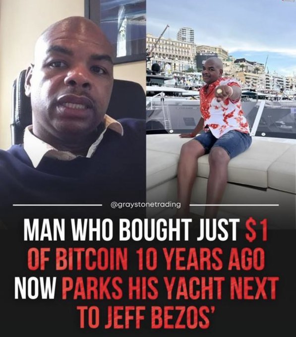 A split-image graphic showing a man in both a close-up headshot and sitting on a yacht, with text reading "MAN WHO BOUGHT JUST $1 OF BITCOIN 10 YEARS AGO NOW PARKS HIS YACHT NEXT TO JEFF BEZOS'" and the handle "@graystonetrading."