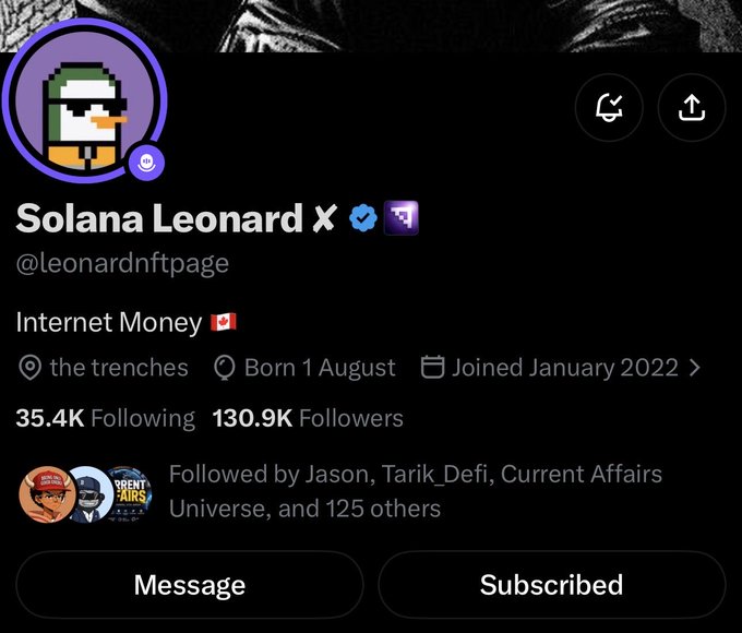 A Twitter profile page for "Solana Leonard X" (@leonardnftpage) displays the bio "Internet Money" with 130.9K followers, visually representing the user's internet-focused identity that aligns with the accompanying post about Blume appreciating internet money culture.