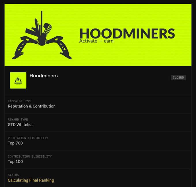 A digital campaign page for 'HOODMINERS' displays status details including 'CAMPAIGN TYPE: Reputation & Contribution', 'REWARD TYPE: GTD Whitelist', and status 'Calculating Final Ranking'.